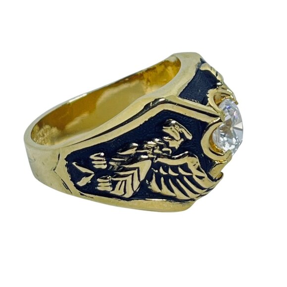 Vintage 14k Yellow Gold Electroplate And Black Enamel Men's Eagle Ring (R399) - Picture 6 of 9